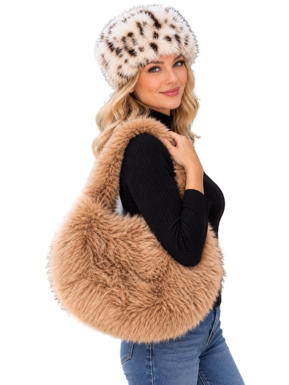 NEW:  Faux Fur Shoulder Bag in Camel with faux fur hat set & bag charm
